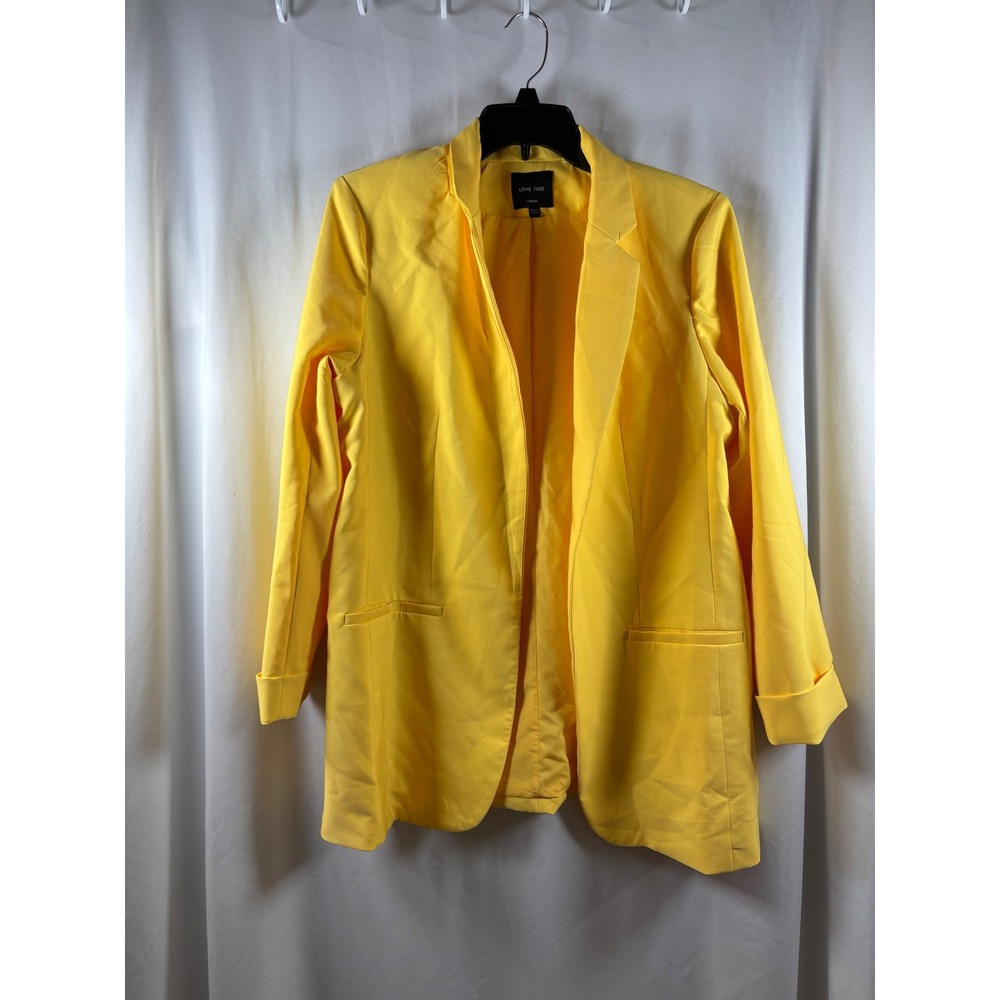 Love Tree Womens Yellow Open Front Blazer Notched Lapel Cuffed Sleeve Large